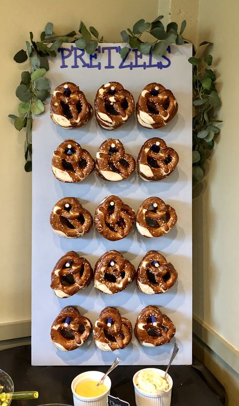 Pretzel Board Display, Diy Pretzel Stand, Pretzel Bar Ideas, Pretzel Board, Pretzel Wall, Salty Bar, Octoberfest Party, Bavarian Pretzel, Resident Events