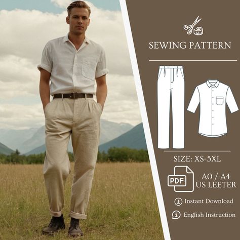 Men's Set Bundle Pattern, Sewing Patterns for Men, Men Short Sleeve Shirt, Man Trouser Pattern, Men Pants Pattern, Men Shirt Pattern, Linen - Etsy Denmark Men Shirt Pattern, Men Trousers Pattern, Sewing Patterns For Men, Linen Shirt Pattern, Men Short Sleeve Shirt, Men Pants Pattern, Mens Sewing Patterns, Trousers Pattern, Trouser Pattern