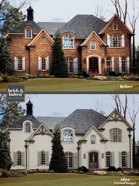 Painted Brick Exteriors, Painted Brick House, Home Exterior Makeover, Pintura Exterior, Brick Exterior House, Exterior Makeover, Casa Exterior, Exterior Remodel, Home Exterior