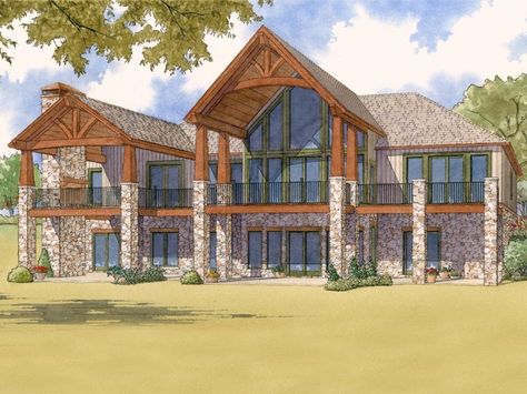 Waterfront House Plan, Rear, 074H-0025 Waterfront House Plans, Peninsula With Seating, Rustic Bathroom Hardware, Waterfront House, Timber Posts, Rustic Cafe, Vaulted Great Room, Rustic Apartment, Rustic House Plans