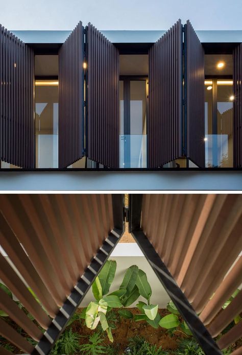 Modern shutters made from wood slats. Window Louvers Modern, Facade Windows Architecture, Modern Shutters Indoor, Window Protection Ideas, Modern Exterior Shutters, Modern Shutters Exterior, Wood Window Design, Exterior Shutters Ideas, Outside Window Shutters