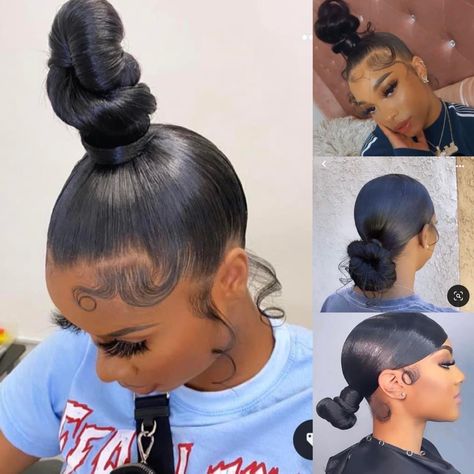 Top Knot Bun African American, Too Knot Bun Black Women, Bun Ponytail Black Hair, Sleek Knot Bun, Top Knot Bun How To, Sleek Top Knot Bun, Top Bun Hairstyles For Black Women, Ballroom Competition Hair, Ninja Bun