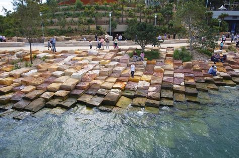 The foreshores of the reserve have been formed in a style that represents the natural formation known on the coast as “tessellated pavement.” Soil Science, Landscape Architecture Design, Urban Furniture, Parking Design, Landscape Projects, Urban Planning, Nature Landscape, Design Thinking, Landscape Architect