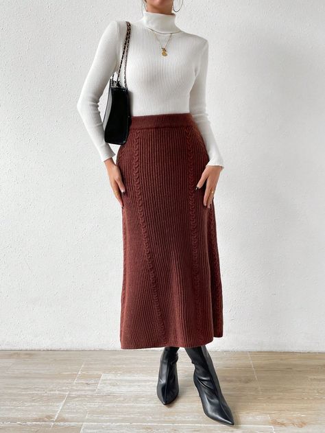 Brown Casual Collar  Worsted Plain  Embellished Slight Stretch  Women Clothing Brown Skirt Outfit, Midi Rock Outfit, Sweater Skirts, Modesty Outfits, Midi Skirt Outfit, Rock Outfit, Brown Skirt, Brown Skirts, Women Sweater