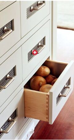 Vented Drawer Fronts for Storing Root Vegetables Produce Drawer In Kitchen, Produce Drawers Pantry, Vegetable Drawers Kitchen, Storing Root Vegetables, House Pantry, Vegetable Drawer, Modular Kitchen Cabinets, Kitchen Furniture Storage, Pantry Drawers