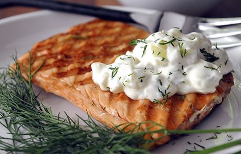 Greek Yogurt and Cucumber Sauce for Fish | Salad in a Jar Fresh Salmon Patties, Yogurt And Cucumber, Sauce For Fish, Dill Sauce For Salmon, Greek Yogurt Sauce, Cucumber Sauce, Homemade Greek Yogurt, Resep Seafood, Cucumber Yogurt