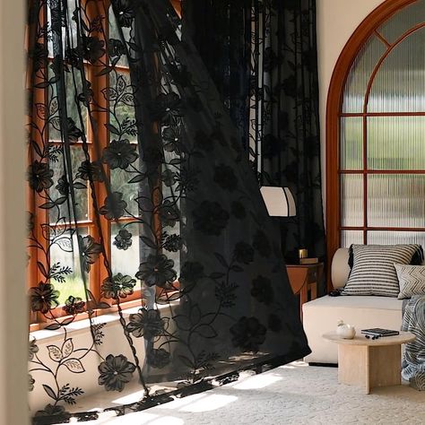 PRICES MAY VARY. Black Lace Curtains: 54"W x 63"L/ Panel, Comes in 2 Panels. Embroidered floral lace curtains create an inviting and unique elagant look in your space. Luxury Black Sheer Curtains: This rustic lace window curtains with scallope edge gently filter light and offer just the right amount of privacy. Fine knitted 3d floral and leafes add vintage-inspired glamour to décor. Rod Pocket Sheer Curtains: Generous 3" rod pocket header to accommodate either a standard or decorative drapery ro Whimsy Goth Curtains, Romantic Curtains Bedroom, Small Bedroom Window Treatments, Black And Light Wood Living Room, Full Wall Curtains Bedroom, Moody Decor Living Room, Sheer Black Curtains, Moody Curtains, Goth Curtains