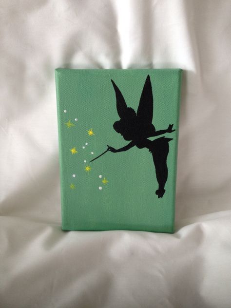 Disney Tinkerbell Silhouette Painting Acrylic on Canvas Disney Drawings On Canvas, Disney Mini Paintings, Silhouette Painting Acrylic Easy, Disney Canvas Art Ideas Easy, Disney Easy Paintings Canvases, Cute Disney Paintings On Canvas, Tinkerbell Acrylic Painting, Easy Painting Ideas Disney, Astrology Canvas Painting