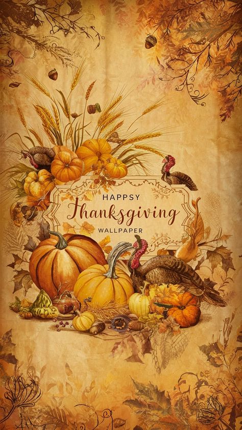 Discover our vintage-inspired Thanksgiving wallpaper, featuring rich autumnal hues of oranges, browns, and yellows. Delight in delicate illustrations of pumpkins, wheat, and turkeys, all set against a textured, aged parchment backdrop. Perfect for creating a warm, nostalgic atmosphere for family gatherings. Celebrate gratitude and togetherness with this timeless design. #ThanksgivingWallpaper #VintageDecor #AutumnDesign Thanksgiving Pics Vintage, Vintage Thanksgiving Aesthetic, Vintage Thanksgiving Images, Thanksgiving Posters, Vintage Thanksgiving Greetings, Farmhouse Clipart, Nostalgia Wallpaper, Thanksgiving Vintage, Thanksgiving Poster