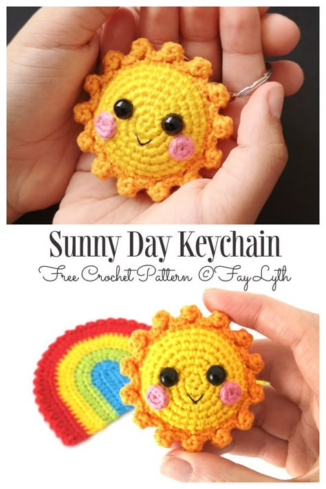 Scrappy Crochet Sun Keychain Amigurumi Free Patterns Knitted Keyring Free Pattern, Crochet Keyrings Ideas, Crochet Sun Keychain Free Pattern, Crochet Sun Amigurumi Free Pattern, Free Pattern Keychain Crochet, Crochet Sun Amigurumi, Raok Ideas Crochet, Crochet Rainbow Keychain Pattern Free, Sun Amigurumi Free Pattern