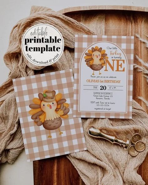 Celebrate your little turkey's 1st birthday in style with our adorable Little Turkey Birthday Invite template! Easily editable and downloadable, this gender-neutral design is perfect for fall festivities, pumpkin-themed parties, or a boho-inspired bash. Embrace the grateful, thankful, and blessed vibes with this rustic yet charming invite for a memorable first birthday suite. Don't miss out on making your fall block party extra special with our "Our Little Turkey" design - ideal for Thanksgiv... Thanksgiving 1st Birthday, Fall Block Party, Fall Blocks, Birthday Invite Template, Autumn Birthday, Boy Birthday Party Themes, Fall Festivities, Turkey Design, Turning One