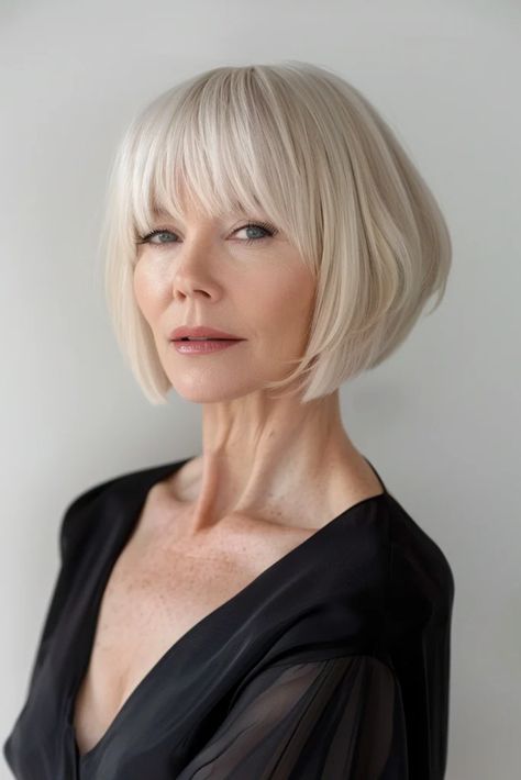 Trendy Short Stacked Bob Haircuts For Women Over 50 Short Graduated Bob With Fringe, Graduated Bob With Bangs, Graduated Bob With Fringe, Stacked Bob Haircuts For Women, Blonde Bob With Fringe, Short Graduated Bob, Short Stacked Bob, Stacked Bob Haircuts, Modern Bob Haircut