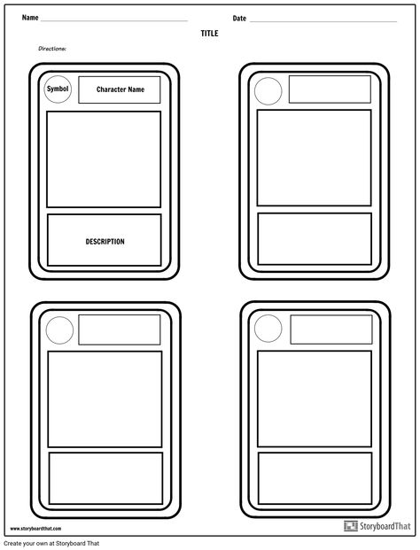 Character trading cards template | project ideas TITLE Name﻿ Directions:﻿ Symbol DESCRIPTION Character Name﻿ Date Diy Trading Cards, Trading Cards Template, Baseball Card Template, Trading Card Ideas, Trading Card Template, Board Game Template, Game Card Design, Map Worksheets, Board Game Design