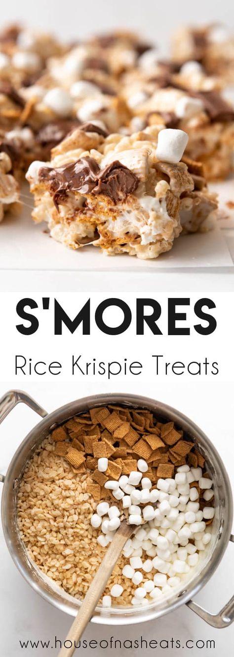 Rice Krispie Smores Bars, Potluck On A Budget, S'mores Rice Krispie Treats, Tailgate Food Sweets, Football Sunday Meals Crock Pot, National Night Out Food Ideas, S’mores Rice Krispies, Simple Baked Goods To Sell, S’mores Rice Crispy Treats