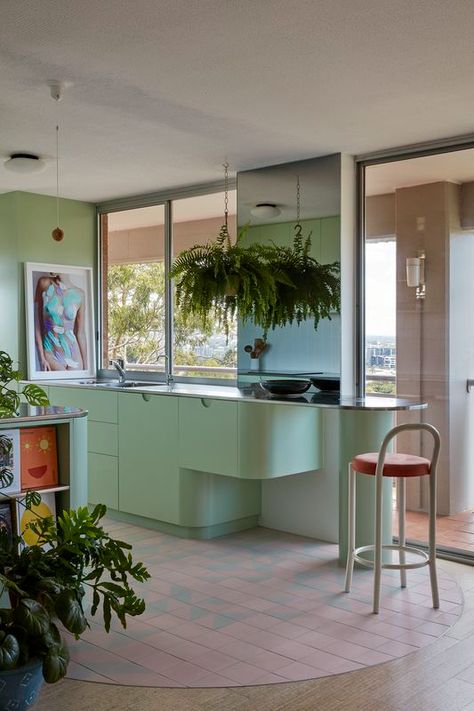 A retro retreat: Beaumont Apartment | ArchitectureAU Bedroom 60s, Brisbane Apartment, 1970s Apartment, Outdoor Fire Table, Geometric Floor, Apartment Projects, Green Flooring, Modern Appliances, Apartment Renovation