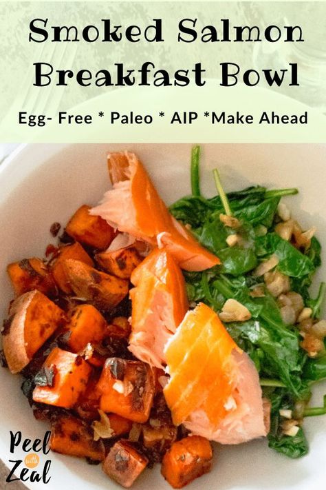 This smoked salmon breakfast bowl recipe is eggless and gluten, dairy and sugar-free. Easy to make ahead, loaded with veggies and AIP compliant, paleo and whole30 approved. Savory breakfast recipes wthout eggs can be hard to find. Our salmon bowl is loaded with veggies like sweet potatoes and kale. peelwithzeal.com #easyrecipe #mealprep #makeahead #salmon #fish #breakfastbowl #savorybreakfast #paleobreakfastideas #noeggs via @peelwithzeal Breakfast Bowl Egg, October Recipes, Smoked Salmon Breakfast, Aip Meals, Salmon Breakfast, Gluten Free Recipes For Lunch, Breakfast Bowls Recipe, Savory Breakfast Recipes, Cook Fish