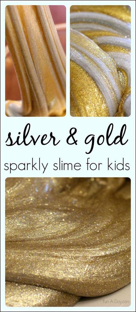 GORGEOUS silver and gold homemade slime for kids #FunADay #slime #SlimeRecipes #PreschoolActivities Glitter Glue Slime Recipes, Glitter Slime Recipe, Homemade Slime Recipe, Slime No Glue, Easy Slime Recipe, Slime For Kids, Homemade Slime, Glitter Slime, How To Make Slime