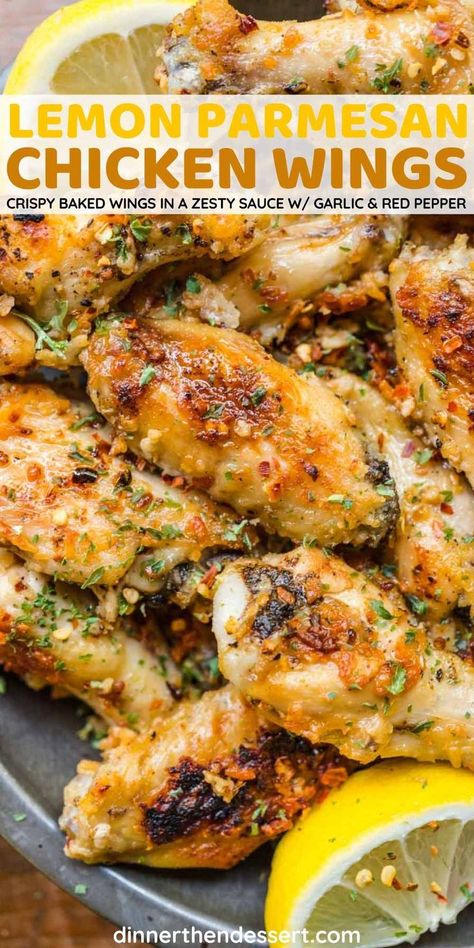 Chicken Wings Meal Ideas Dinners, Chicken Wings Dinner Ideas Meals, Parmesan Wings Baked, Baked Lemon Garlic Chicken, Lemon Parmesan Chicken, Parmesan Wing Sauce, Chicken Wing Recipes Fried, Lemon Pepper Chicken Wings, Wing Sauce Recipes