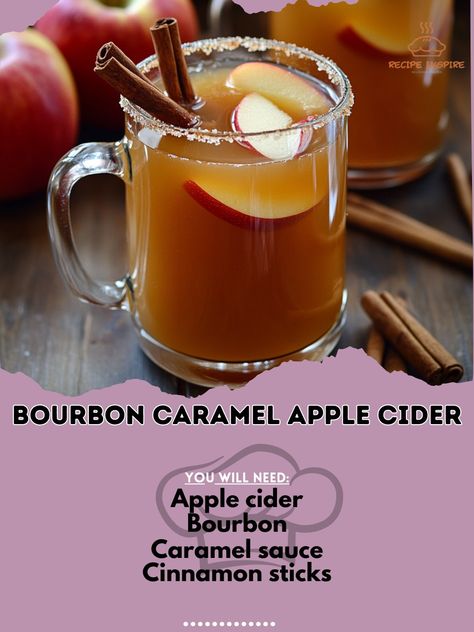 🥃🍏 Bourbon Caramel Apple Cider – Indulge in this sweet, spiced bourbon cider with caramel undertones. Ideal for cozy fall nights! 🍂🍹 #CaramelAppleCider #BourbonDrinks Bourbon Caramel Apple Cider Ingredients: Apple cider (4 cups) Bourbon (1/2 cup) Caramel sauce (1/4 cup) Cinnamon sticks (2) Apple slices (for garnish) Ice (optional) Instructions: In a pot, heat apple cider with cinnamon sticks. Stir in caramel sauce until dissolved. Remove from heat and mix in bourbon. Serve warm, garnished... Autumn Beverages, Apple Cider Ingredients, Bourbon Cider, Bourbon Caramel Sauce, Bourbon Apple Cider, Caramel Apple Cider, Bourbon Caramel, Bourbon Caramels, Bourbon Recipes