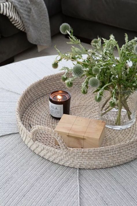 How To Style A Coffee Table - bandddesign.com Decorate Coffee Table, Round Woven Tray, Ottoman As Coffee Table, Round Coffee Table Styling, Gray Ottoman, Style A Coffee Table, Kate Marker Interiors, Cottage Dining Rooms, Woven Trays