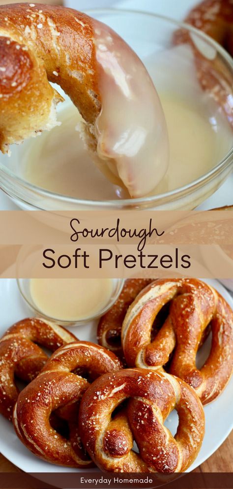 Make these easy, homemade Sourdough Soft Pretzels today! Use your sourdough starter for a no-yeast, same-day recipe. They're boiled and then baked in the oven for that authentic pretzel look and texture. Shape them into classic soft pretzels or turn them into pretzel bites - you decide how you want to snack! Quick Sourdough Pretzels, Soft Sourdough Pretzels, Homemade Sourdough Pretzels, Easy Sourdough Recipes No Wait, Easy Sourdough Pretzel Recipe, Sour Dough Soft Pretzels, Freezable Sourdough Recipes, Sough Dough Recipes, Sourdough Soft Pretzels