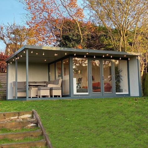 Garden Shed With Pergola Attached, Summer House And Shed, Garden Office With Pergola, Summerhouse With Veranda, Home Office Outdoor, Garden Craft Room, Garden With Summer House, Garden Office Exterior, Shed Entertaining Space