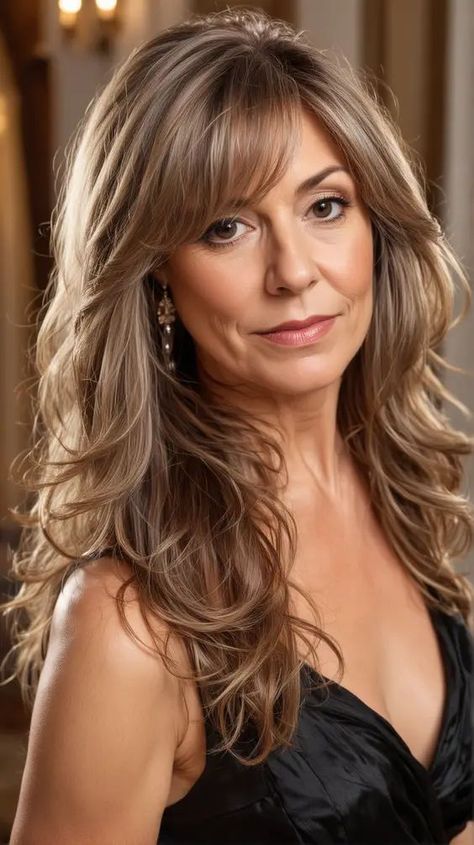 Long Hair With Bangs Over 50, Women Hair With Bangs, Feathered Layers Long Hair, Hairstyles For Older Women Over 50, Bangs Older Women, Long Hair Over 50 Older Women, Long Hair Older Women, Timeless Hairstyles, Hair Layers