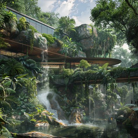 Planet zoo jungle building inspiration with bridge nad waterfalls. Zoo Building Design, Planet Zoo Fence Ideas, Biophyllic Architecture, Planet Zoo Tropical, Zoo Blueprints, Water Park Design, Waterfall Architecture, Zoo Buildings, Planet Zoo Inspiration