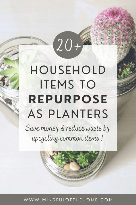 20+ DIY Repurposed Planter Ideas - Mindful of the Home Upcycled Hanging Planter, Cheap Pots For Plants, Pot Ideas For Plants Indoor, Upcycling Plant Pots, Small Flower Pots Indoor, Repurposed Planters Upcycling, Plant Tray Ideas, Plant Pot Ideas Indoor, Diy Pot For Plants