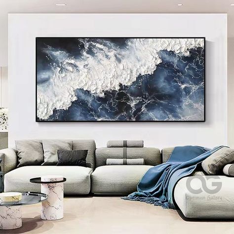 Large Blue Wall Art, Ocean Inspired Living Room, Wall Art For Blue And Grey Living Room, Panoramic Painting Landscapes, Ocean Living Room, Large Paintings For Living Room, Blue And Grey Living Room, Texture Waves Painting, Blue And White Wall Art