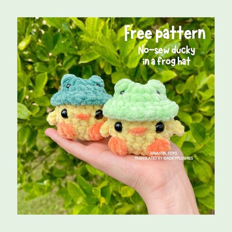 Free pattern release 🐤🐸Make your own adorable ducky in a frog hat! A BIG thank you to @nastik.toys who has given me permission to translate this pattern from Russian into English for you all to enjoy!! 💛Thank you so much to my lovely testers for checking through the pattern for me. Your help was much appreciated! Make sure to check them all out 🥰 ••••#amigurumi #amigurumilove #crochet #australiansmallbusiness #handmade #crochetplushie #duck #frog #crochetduck #crochetfrog #... Duck With Frog Hat Crochet Pattern Free, Crochet Patterns Duck Free, How To Crochet A Duck Free Pattern, No Sew Duck Crochet, Crochet Duck With Frog Hat, Crochet Hat For Amigurumi, Free Amigurumi Patterns Small Crochet Animals, Crochet Duck With Hat, Frog Hat Crochet Pattern Free