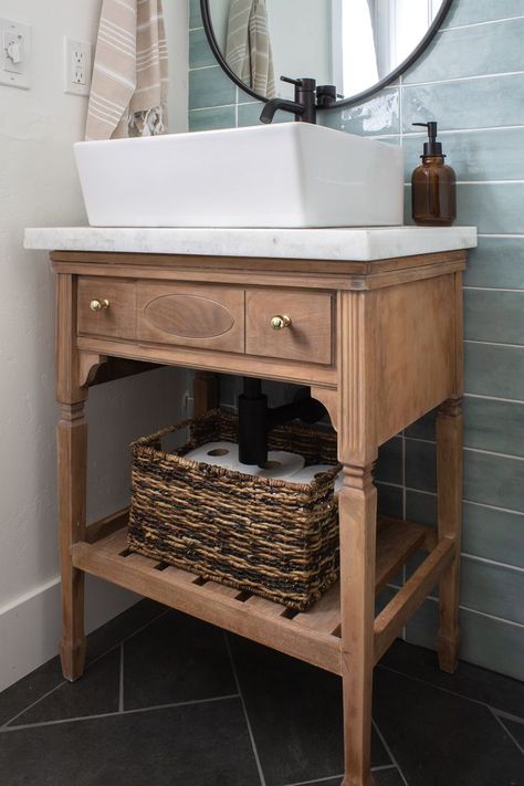 I scored this $30 vintage sewing table off facebook marketplace and turned it into my bathroom vanity! I restained it, added a shelf, updated the hardware to these classic gold knobs, and added a marble counter and modern vessel sink with a black faucet. #vintagevanity #halfbathroom #powderbathroom #mixedmetals #bathroomideas #DIYbathroom Diy Sink Vanity, Modern Vessel Sink, Sink Options, Vintage Sewing Table, Small Bathroom Vanity, Vintage Sink, Unique Bathroom Vanity, Bathroom Vanity With Sink, Vanity With Sink