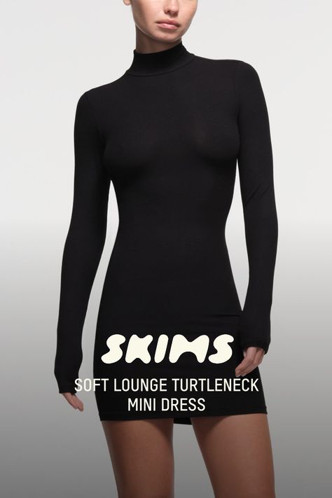 Dressed up or down - this is the season’s most-wanted mini. Made from our signature ribbed modal fabric, this addictively soft turtleneck silhouette is the chicest addition to your closet. Fits true to size. XXS-XL 2X-4X Length 32" 34" | SKIMS Turtleneck Mini Dress | Black | 2XS | Soft Lounge Womens Thanksgiving Dress, Skims Turtleneck, Fall Date Night Outfit Dressy, Skims Outfit, Long Sleeve Dress Casual, Turtleneck Mini Dress, Black Turtleneck Dress, Thanksgiving Dress, Cute Gym Outfits