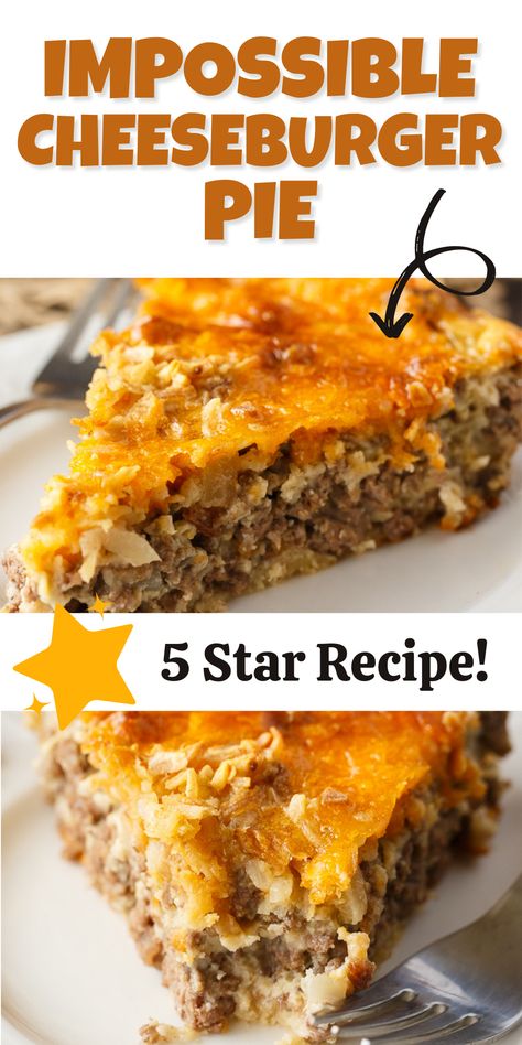 Two image collage featuring slices of Impossible Cheeseburger Pie. Ground Beef Tomato Paste Recipes, Easy Meat Pie Recipe, Hamburger Pie Recipes, Bisquick Recipes Dinner, Impossible Cheeseburger Pie, Impossible Cheeseburger, Hamburger Dishes, Meat Pie Recipe, Cheeseburger Pie