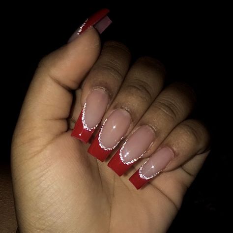 Red French Tips With Glitter, French Tips With Glitter, Red French Tips, Red And Silver Nails, Red Tip Nails, Cute Red Nails, Short Red Nails, Prom Nails Red, Red Nails Glitter