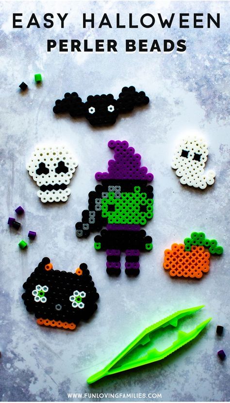 These easy Halloween Perler bead patterns are great for Halloween kids crafts. Click through to grab the printable patterns. #halloween #perlerbeads #kidscrafts Halloween Perler Bead Patterns, Halloween Perler, Melty Bead Patterns, Fun Halloween Crafts, Perler Bead Templates, Halloween Beads, Diy Perler Beads, Halloween Crafts For Kids, Bead Pattern