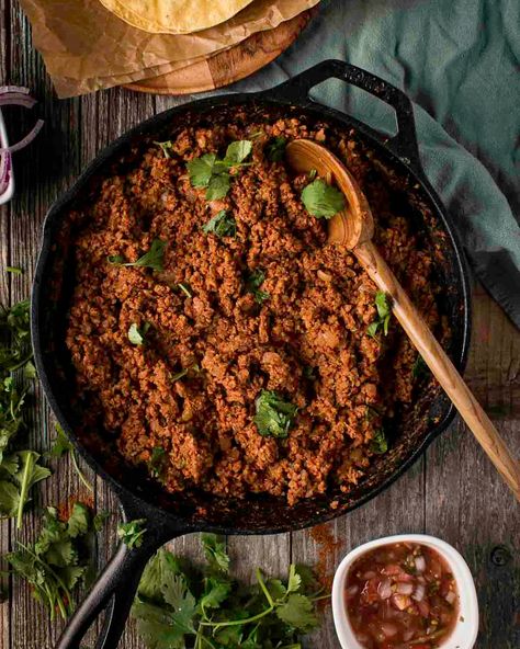 Easy TVP Taco Meat Recipe (Vegan, 10 Minutes) - Shane & Simple Vegan Taco Meat Recipe, Baked Taco Shells, Starch Diet, Tvp Recipes, Chickpea Vegan, Taco Meat Recipe, Vegan Tacos Recipes, Vegan Tacos Meat, Vegan Ground Beef