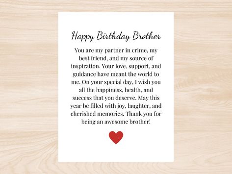 Happy Birthday Card, For Him, For Brother, Brother Birthday Card, Poem For Brother, Bro - happy birthday brother Happy Birthday Card. Premium cardstock matte note card and envelope.  Size: 4.25  x 5.5   Processing time: It takes me 1-3 business days to complete orders.  Shipping: Tracked through USPS first class 2-6 day mailing. Poem For Brother, Brother Poems, Brother Birthday Card, Brother Brother, Birthday Brother, Birthday Card For Him, Birthday Cards For Brother, Happy Birthday Brother, Brother Birthday