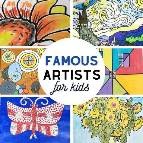 Artist Study Elementary, Preschool Artist Inspired Art, Art Lessons Elementary Famous Artists, Art History For Preschoolers, Art Projects Inspired By Famous Artists, Pop Art For Kids Projects, Art Inspired By Famous Artists, Preschool Artist Theme, School Painting Ideas