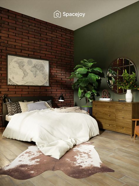 Bedroom Ideas Green And Wood, Bedroom With Red Brick Wall, Room Ideas With Brick Wall, Green Brick Wallpaper Bedroom, Brick Interior Wall Bedroom, Green Rustic Bedroom Ideas, Brick Wall Accent Bedroom, Brick And Wood Wall Interior, Textured Brick Wall