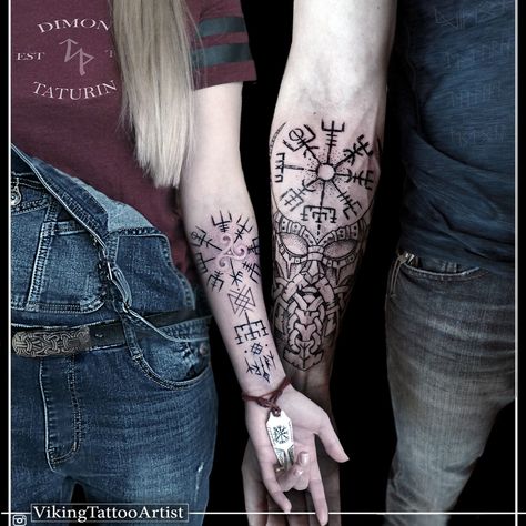 Design/Tattoos by @DimonTATURIN @VikingTATTOOS . . . . #dimontaturin #taturinart #tallinntattoo #tattooestonia #nordictattoo #vikingtattoo #vikingtattoos #viking #wiking #tattoo #tattooedfamily #vikingfamily Viking Couple, Viking Compass Tattoo, Married Couple Tattoos, Bracelet Tattoos, Crown Tattoos, Tattoos Heart, Viking Tattoo Symbol, Viking Tattoo Sleeve, Tattoo Ankle