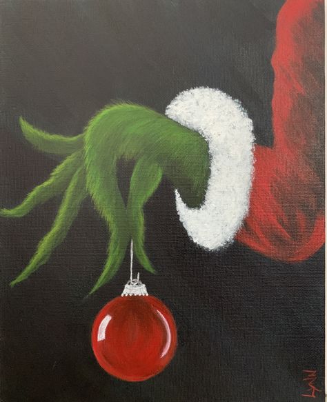 Grinch Hand With Ornament Painting, Simple Grinch Painting, Grinch Easy Painting, Grinch Painting On Canvas Easy, Grinch Hand Painting, Grinch Acrylic Painting, Grinch Painting Ideas, Grinch Painting On Canvas, The Grinch Painting