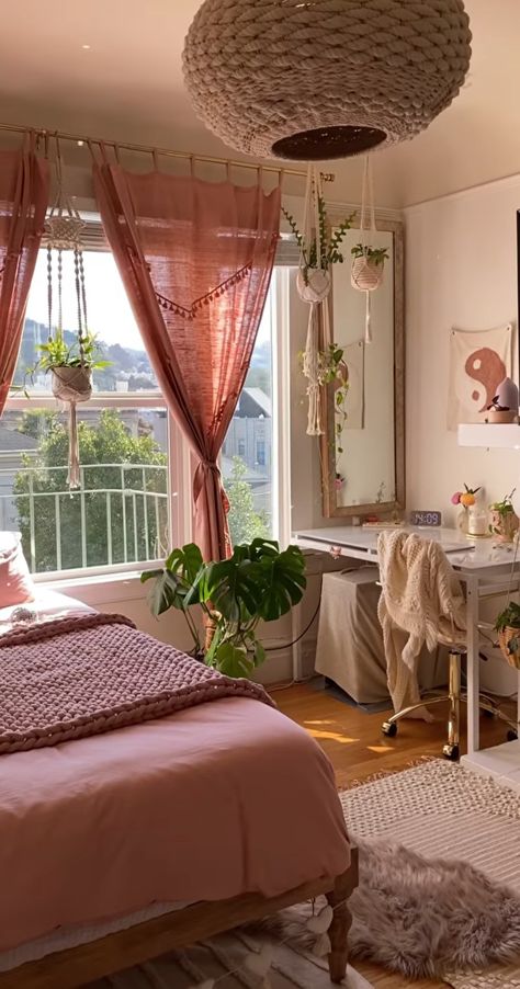 @danniellajoy on ig Pink Green Room Bedrooms, Cute And Cozy Bedroom Ideas, Dusty Rose Room Aesthetic, Pink And Green Earthy Bedroom, Pink Boho Bedroom Aesthetic, Earthy Pink Room, Studio Apartment Ideas Pink, Pink Boho Room Aesthetic, Dreamy Boho Bedroom