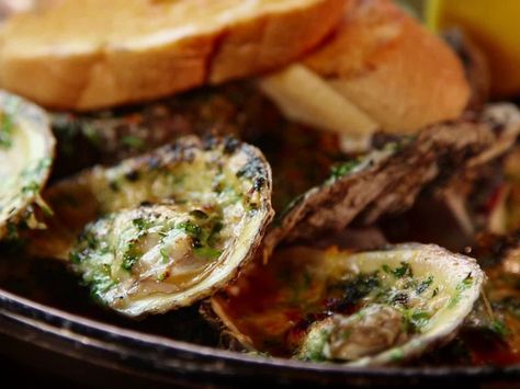 Get this all-star, easy-to-follow Char-Grilled Oysters recipe from Diners, Drive-Ins and Dives Chargrilled Oysters Recipe, Dove Recipes, Grilled Oysters, Oyster Recipes, Grilled Bread, Emeril Lagasse, Lemon Butter, Seafood Dishes, Garlic Butter