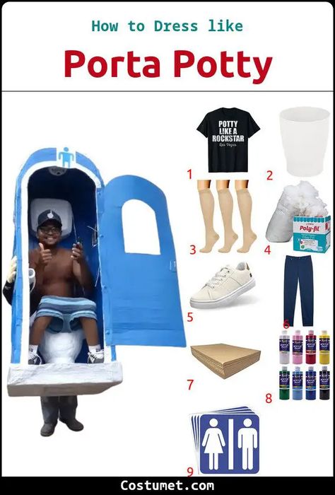 Porta Potty Costume Porta Potty Costume Diy, Painted Cardboard, Porta Potty, Bathroom Waste Basket, Toilet Sign, Cheap Sneakers, Cheap Pants, Cosplay Halloween, Waste Basket