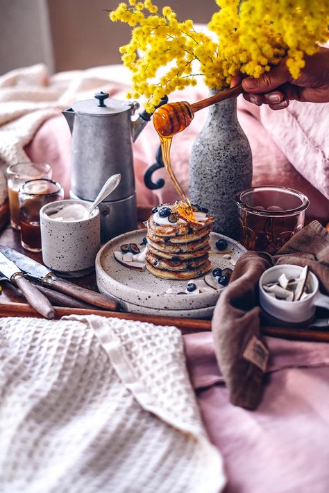 Breakfast in Bed with gluten-free Blueberry Pancakes - Our Food Stories Bed Photography, Blueberry Season, Most Nutritious Foods, Gluten Free Pancakes, Pancakes Ingredients, Food Stories, Buckwheat Flour, Coconut Whipped Cream, Blueberry Pancakes