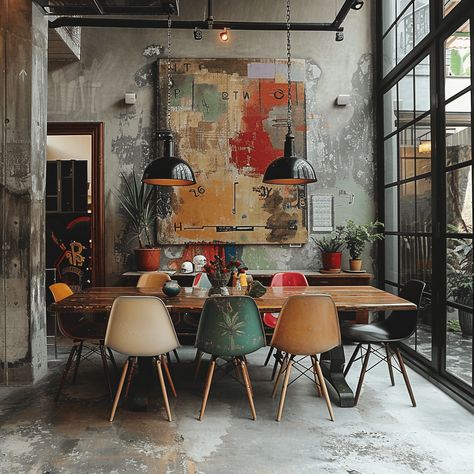 Loft Dining Room, Lounge Vibes, Industrial Dining Room, Loft Small, Mismatched Dining Chairs, Deco Pastel, Eclectic Dining Room, Dining Room Industrial, Conservatory Dining Room