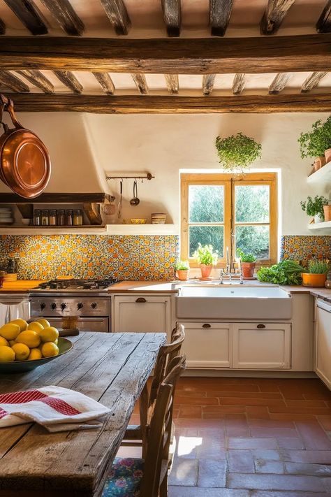 Italian Country Home Interiors, Kitchen Open Cabinets, Sicilian Kitchen, Italian Country Kitchen, Italian Country Home, Modern Italian Kitchen, Country Home Exterior, Tuscany Style, Italian Country