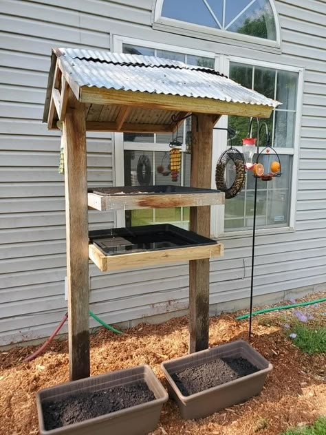 Covered Bird Feeding Station Ideas Diy, Platform Bird Feeder Diy How To Build, Bird Feeder Shelter, Bird Platform Feeder Diy, Diy Platform Bird Feeder With Roof, Bird Feeder Platform, Cool Outdoor Ideas, Deck Bird Feeder Ideas, Diy Bird Feeder Station