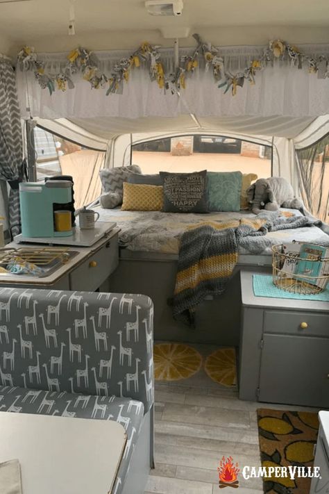 pop up camper remodel before and after Hippy Trailer, Small Camper Interior Ideas, Camper Van Interior Ideas, Camper Interior Ideas, Van Interior Ideas, Pop Up Camper Remodel, Tent Trailer Remodel, Trailer Hacks, Small Camper Interior